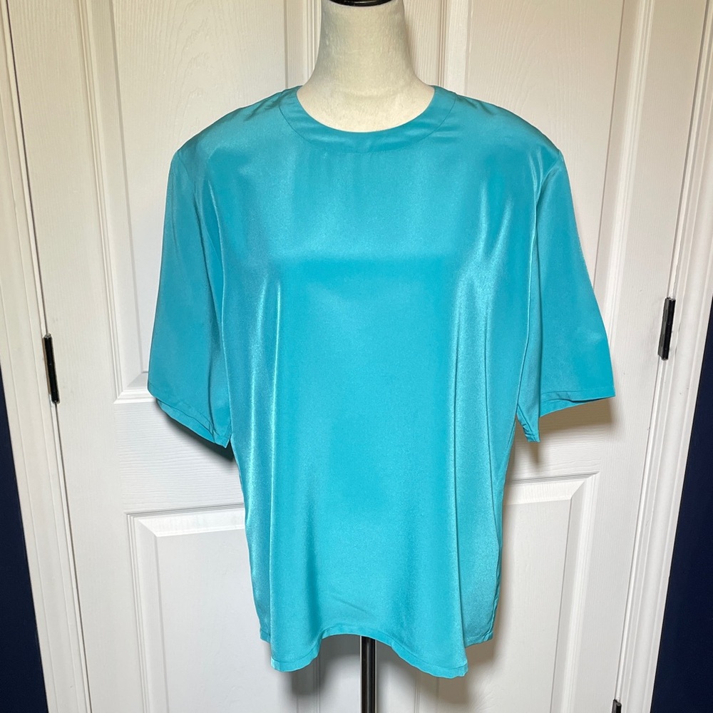 Vintage Pendleton Turquoise Short Sleeve Top Back Buttons Size 18